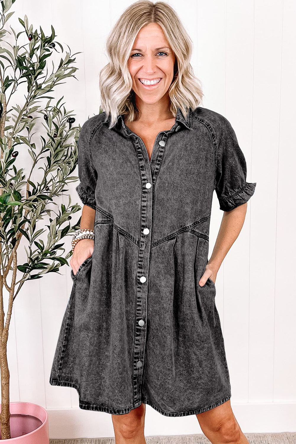 Medium Grey Mineral Wash Ruffled Short Sleeve Buttoned Denim Dress - Image 4