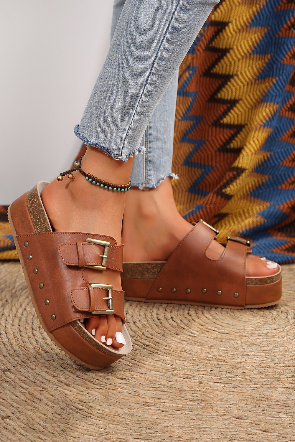 Chestnut Dual Buckle Studded Platform Sandal Slippers - Image 5