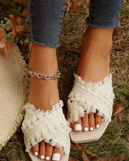 Beige Tassel Woven Crossed Straps Flat Slippers