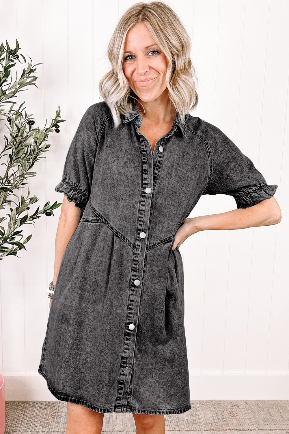 Medium Grey Mineral Wash Ruffled Short Sleeve Buttoned Denim Dress - Image 3