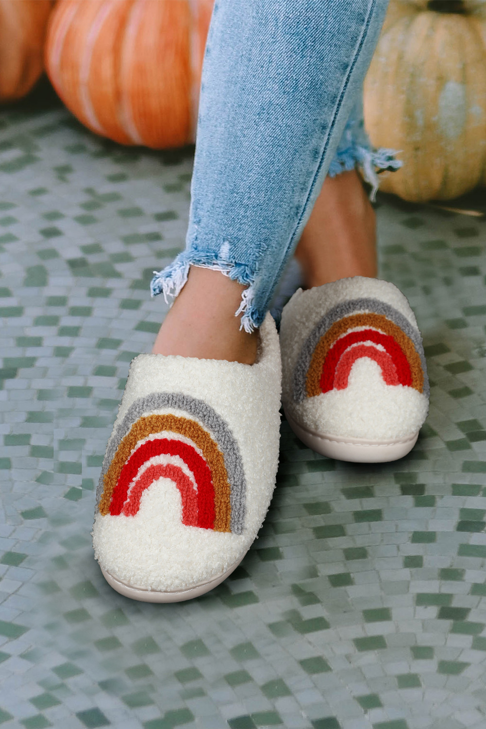 Bright White Rainbow Plush Winter Home Slippers - Image 3