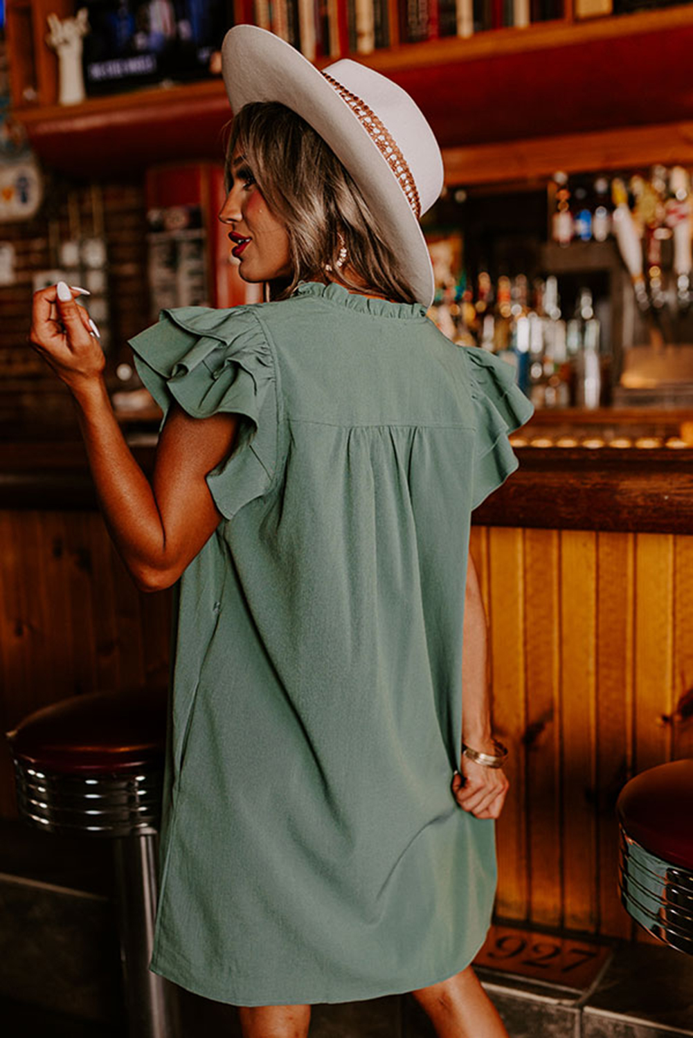 Mist Green Ruffle Sleeve V Neck Frilled Shift Dress - Image 2