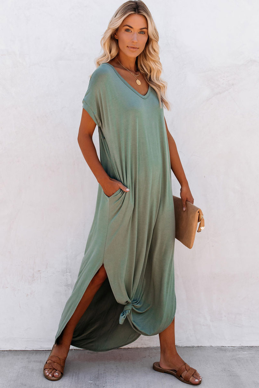Grass Green V Neck Hidden Pocket Splits Maxi T-shirt Dress - Image 8
