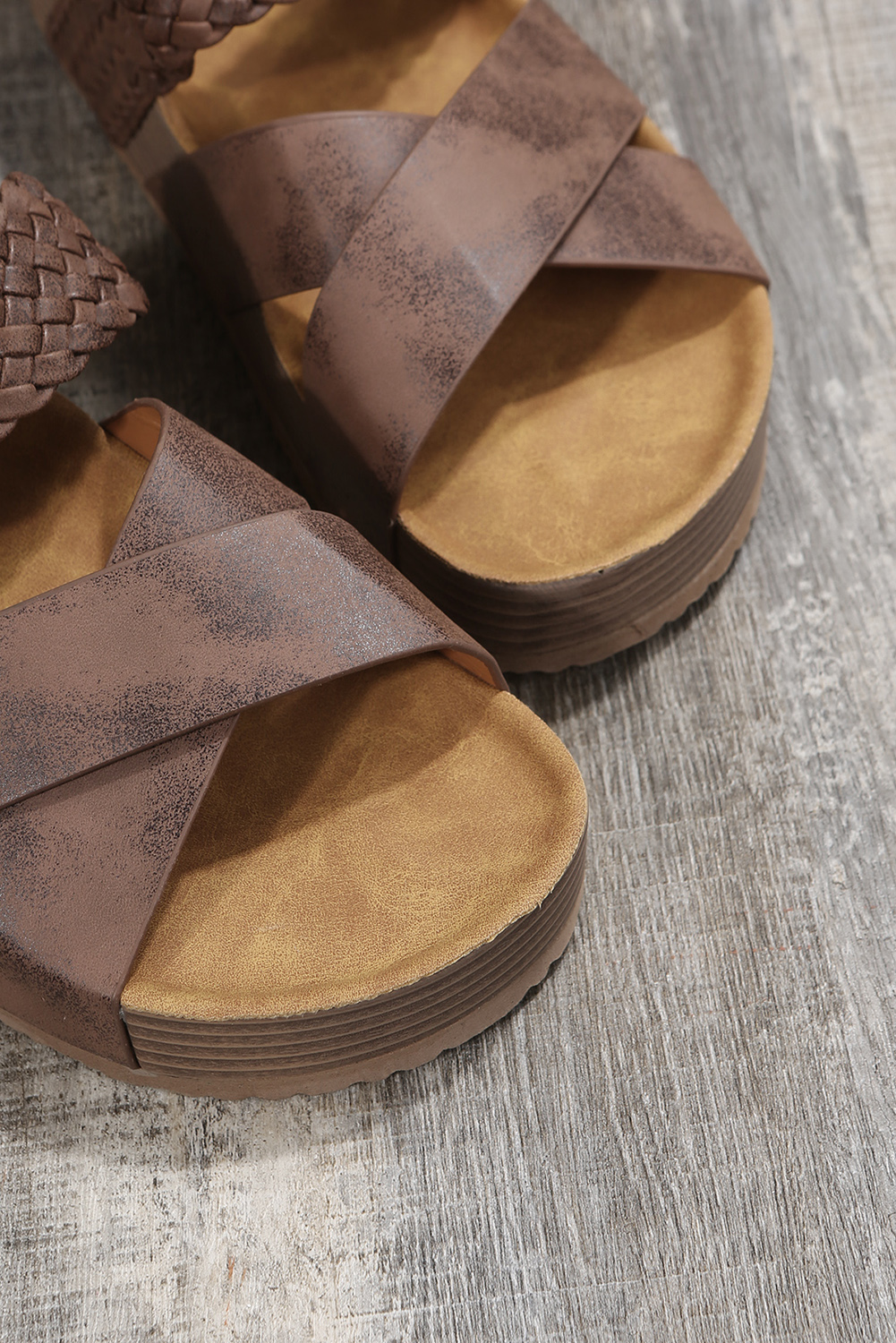 Brown Braided Detail Criss Cross Platform Slippers - Image 6