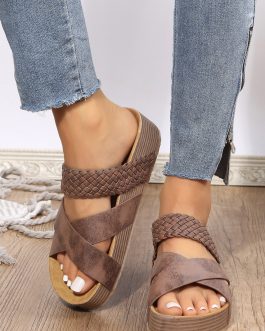 Brown Braided Detail Criss Cross Platform Slippers