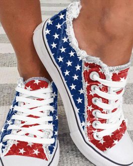 Multicolor American Flag Stars Printed Frayed Detail Lace-up Shoes