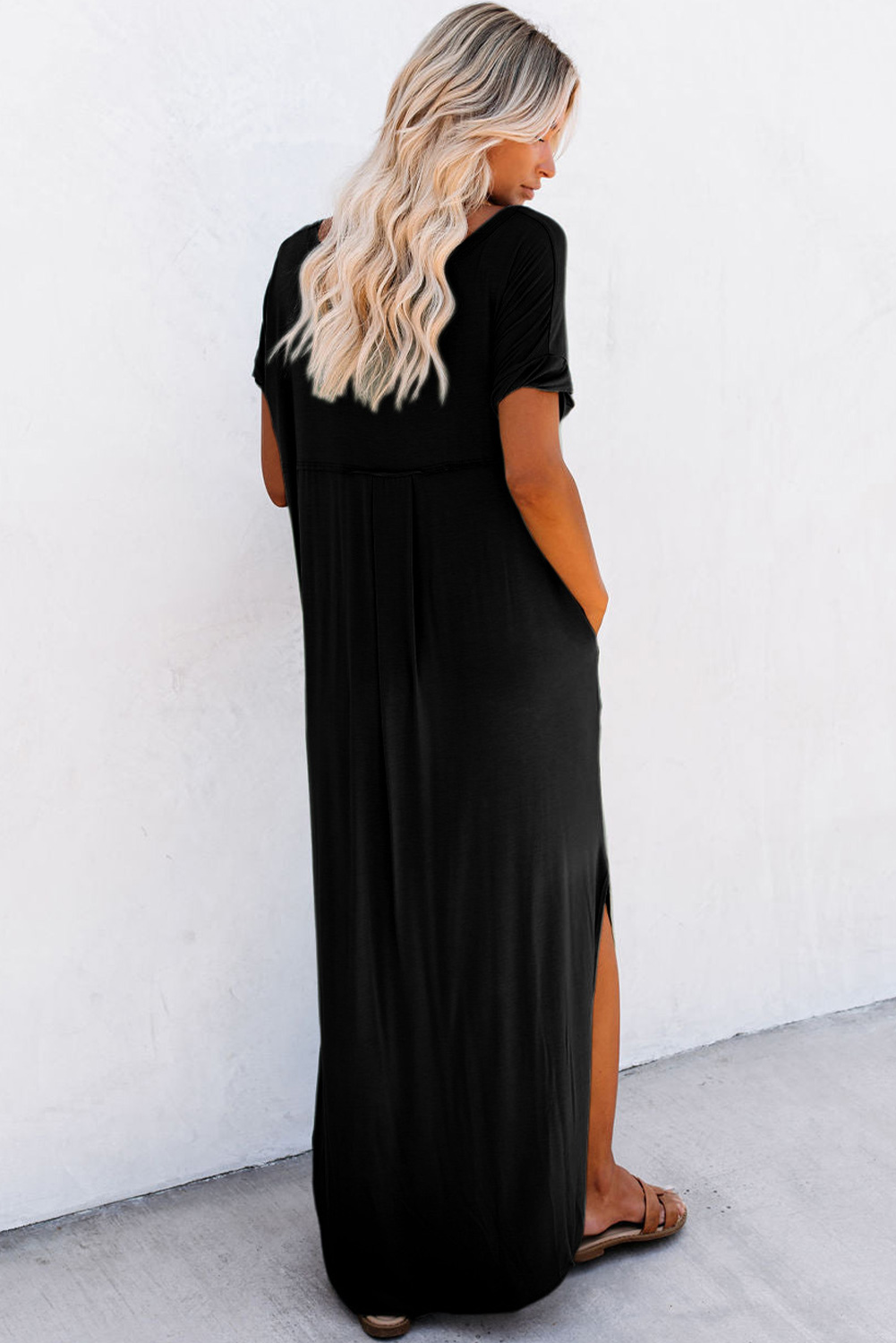 Black V Neck Hidden Pocket Splits Maxi T-shirt Dress - Image 2