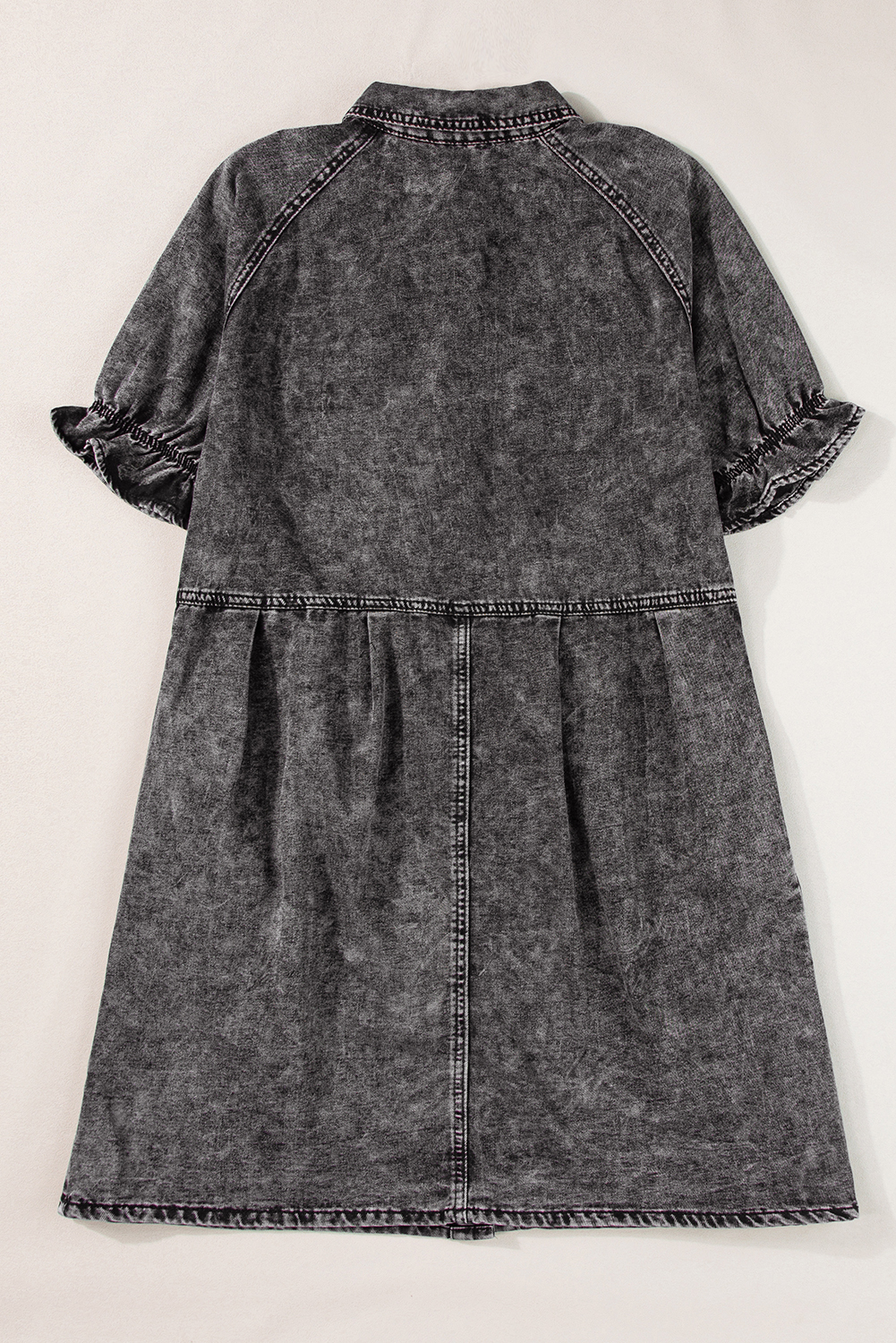 Medium Grey Mineral Wash Ruffled Short Sleeve Buttoned Denim Dress - Image 6