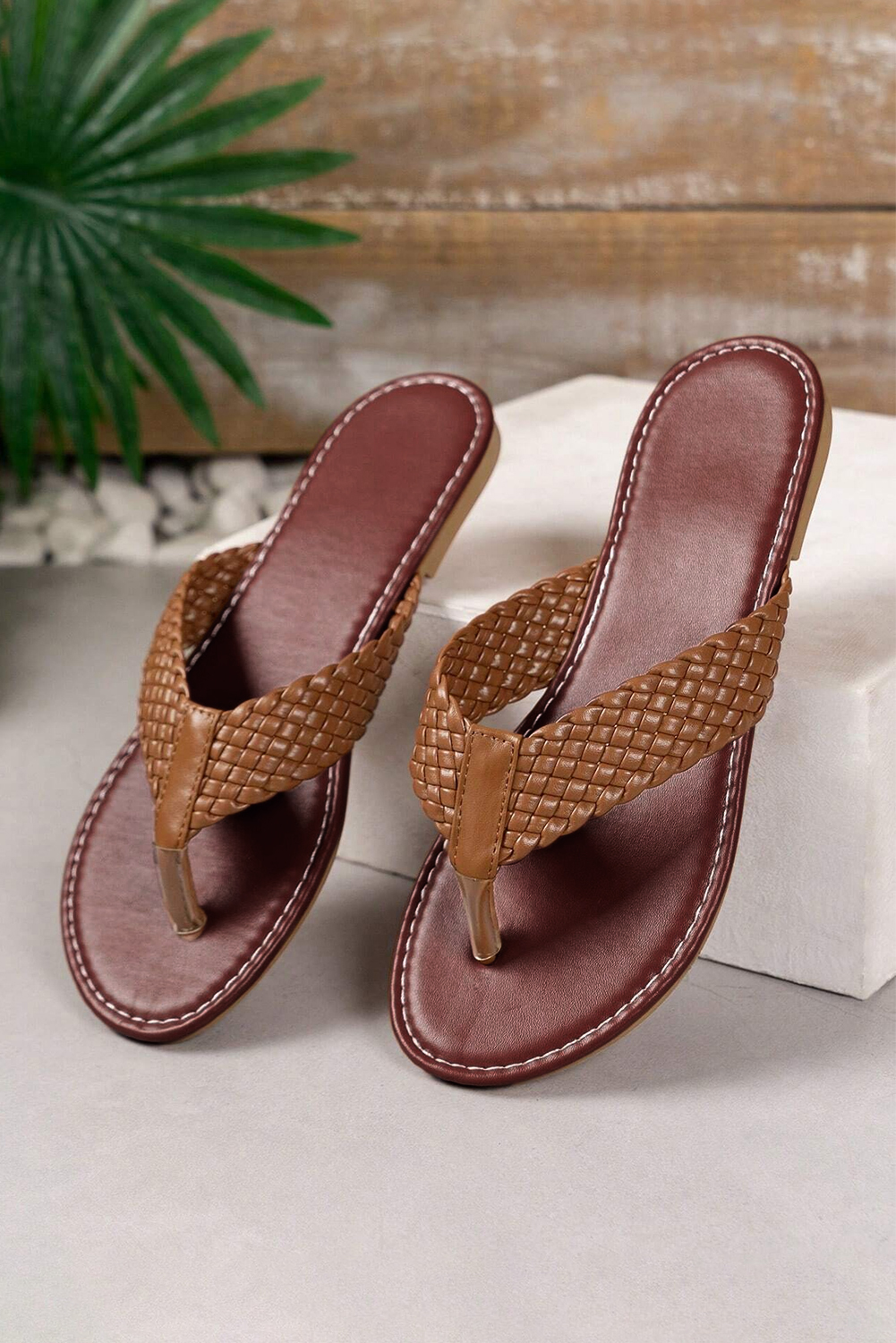 Chestnut Braided Strap PU Leather Flip Flop - Image 5