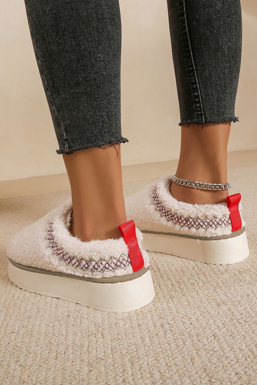 White Embroidered Sherpa Plush Thick Sole Winter Slippers - Image 2