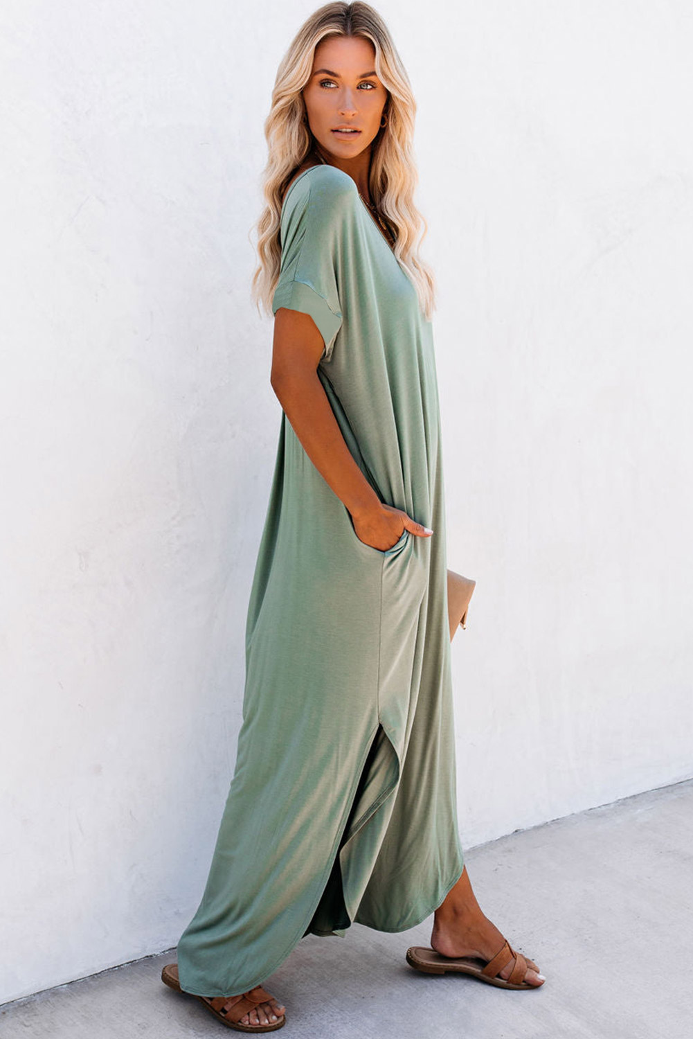 Grass Green V Neck Hidden Pocket Splits Maxi T-shirt Dress - Image 3