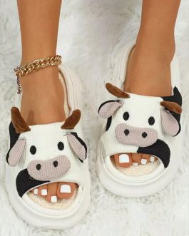 White Cute Cow Pattern Open Toe Slippers
