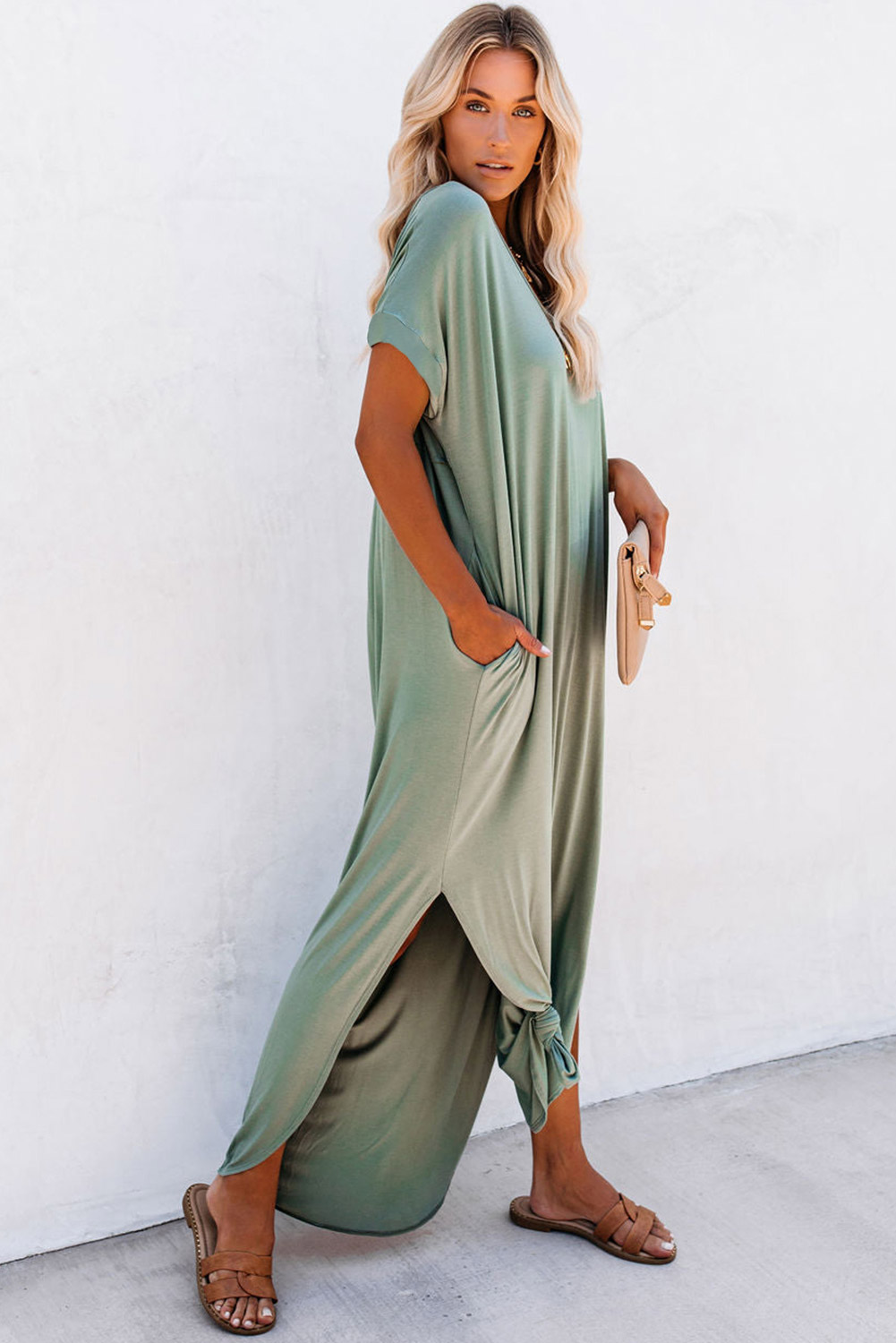 Grass Green V Neck Hidden Pocket Splits Maxi T-shirt Dress - Image 6