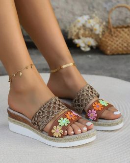 White Floral Print Braided Details Wedge Slippers