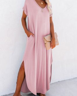 Pink V Neck Hidden Pocket Splits Maxi T-shirt Dress