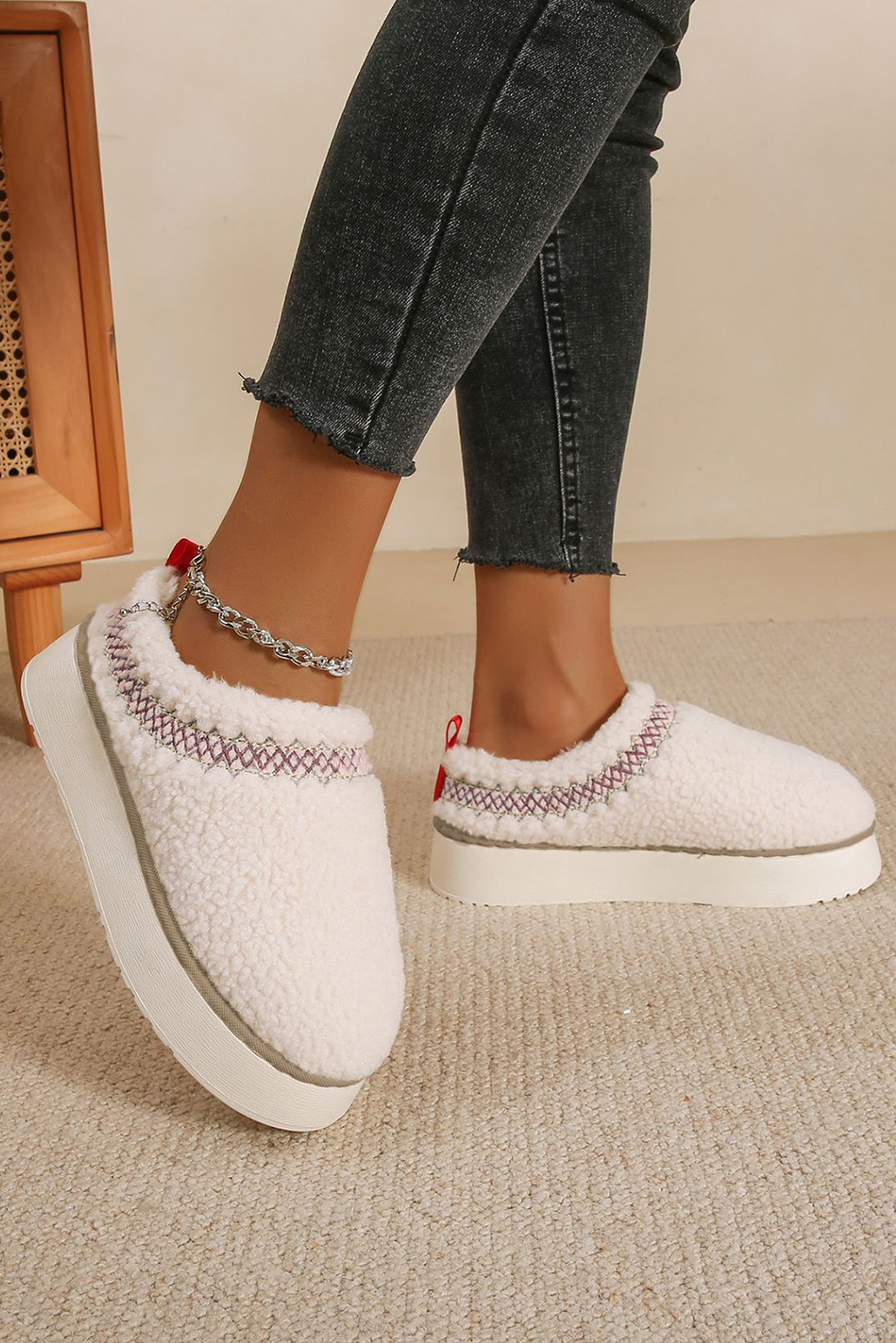 White Embroidered Sherpa Plush Thick Sole Winter Slippers - Image 3