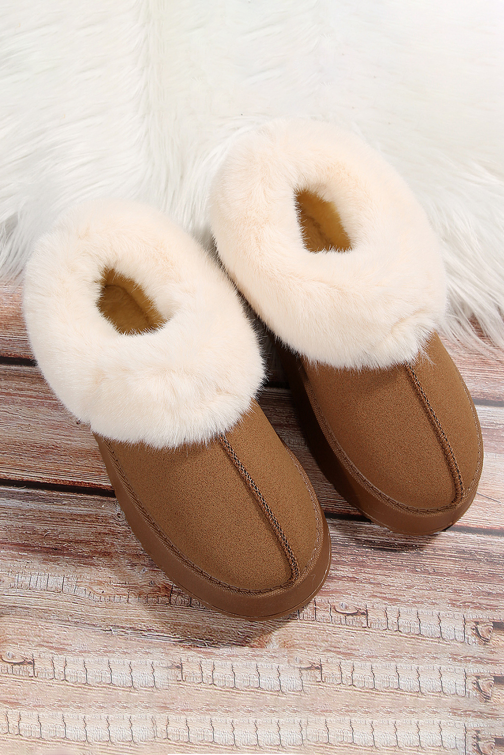 Chestnut Plush Suede Trim Thick Sole Flat Snow Boots - Image 4