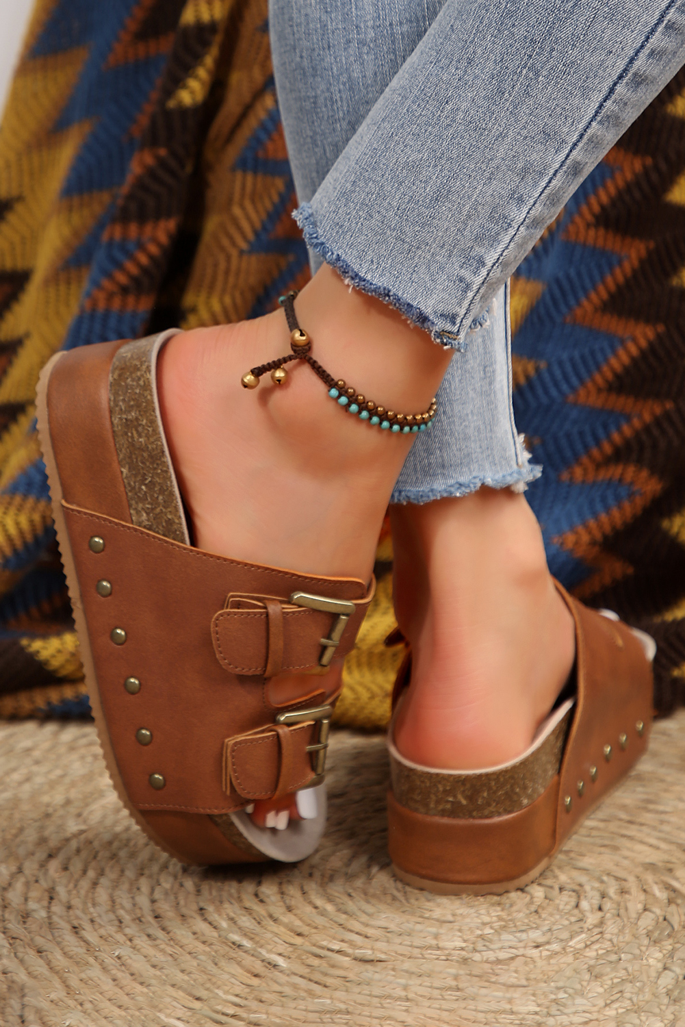 Chestnut Dual Buckle Studded Platform Sandal Slippers - Image 2