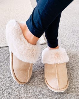 Khaki Cut and Sew Faux Suede Plush Lined Slippers