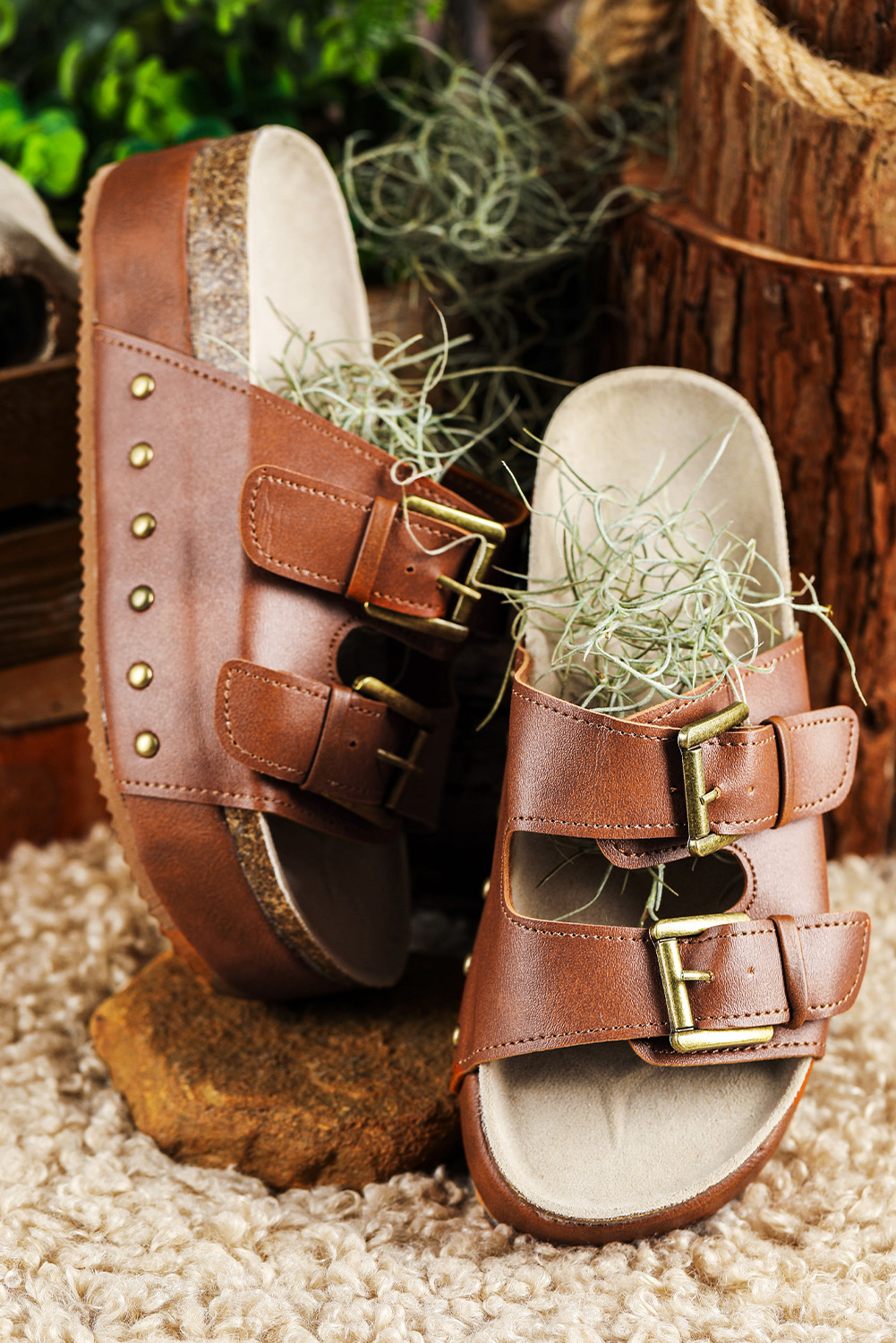 Chestnut Dual Buckle Studded Platform Sandal Slippers - Image 8