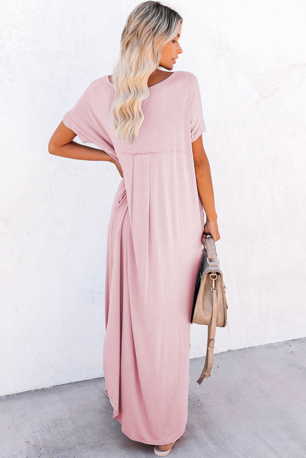 Pink V Neck Hidden Pocket Splits Maxi T-shirt Dress - Image 2