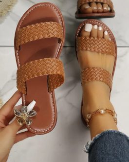 Chestnut Braided Double Band Leathered Flat Slippers
