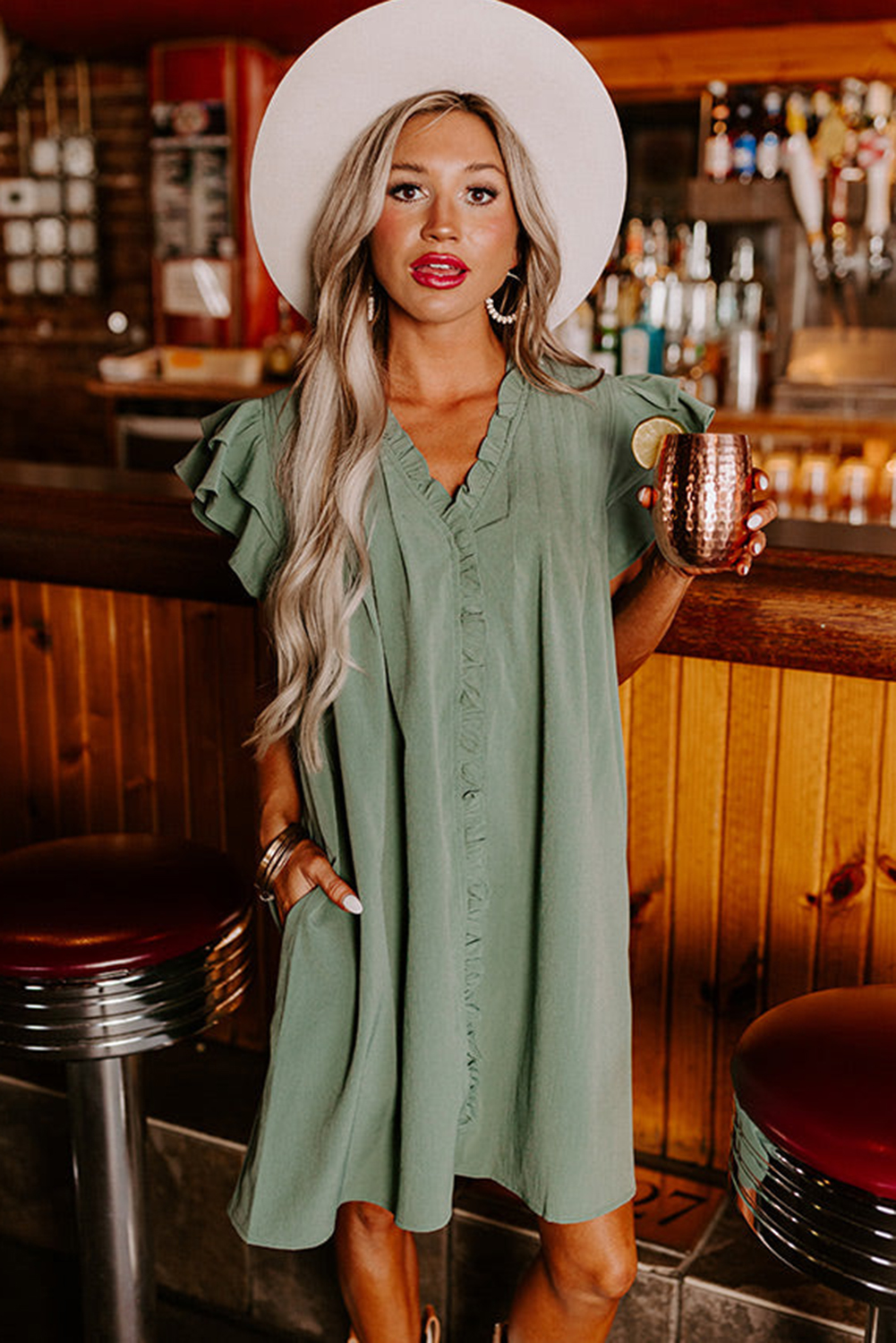 Mist Green Ruffle Sleeve V Neck Frilled Shift Dress - Image 7