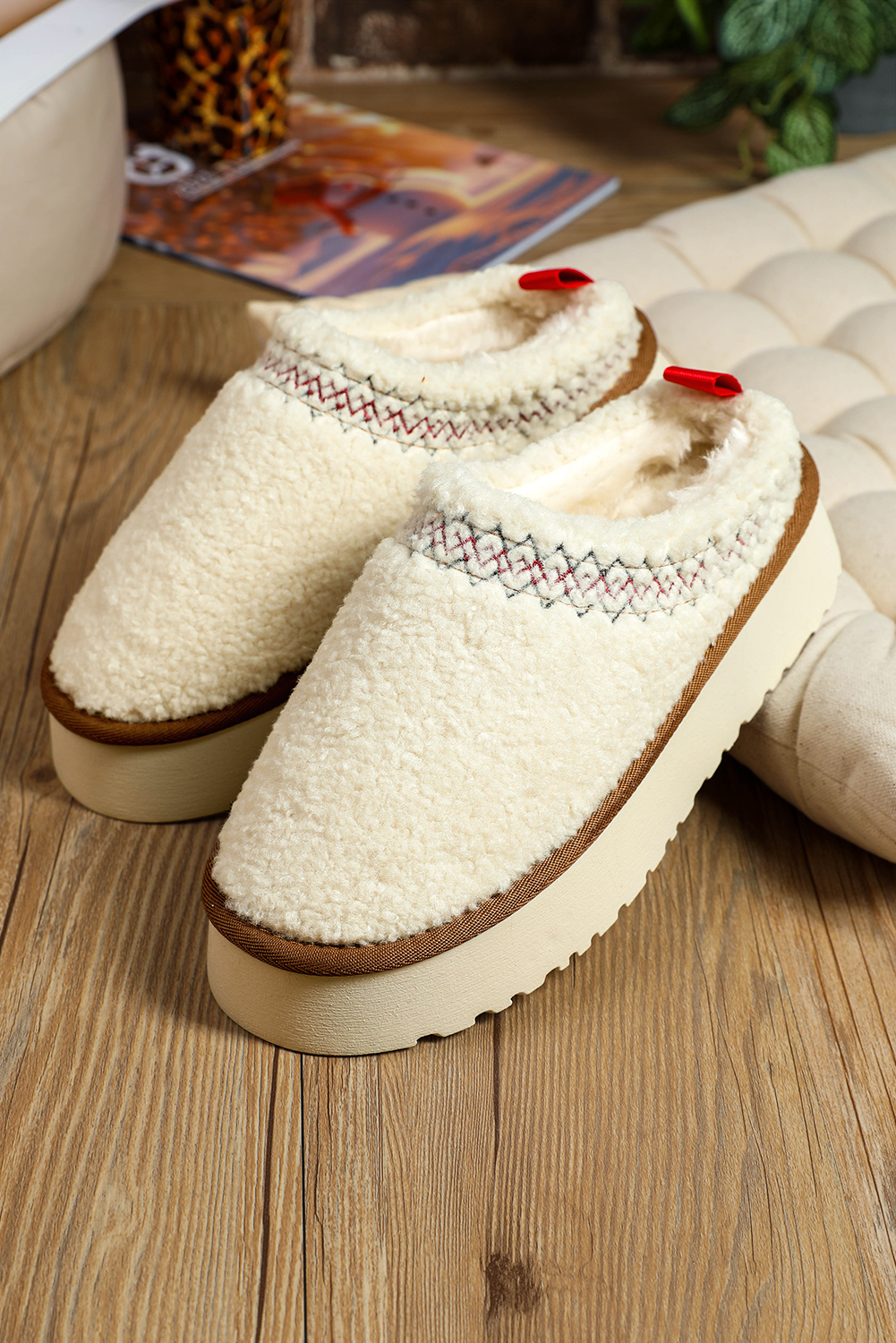 White Embroidered Sherpa Plush Thick Sole Winter Slippers - Image 8