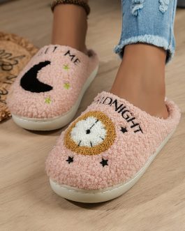 Light Pink Moon & Clock Pattern Fuzzy Home Slippers