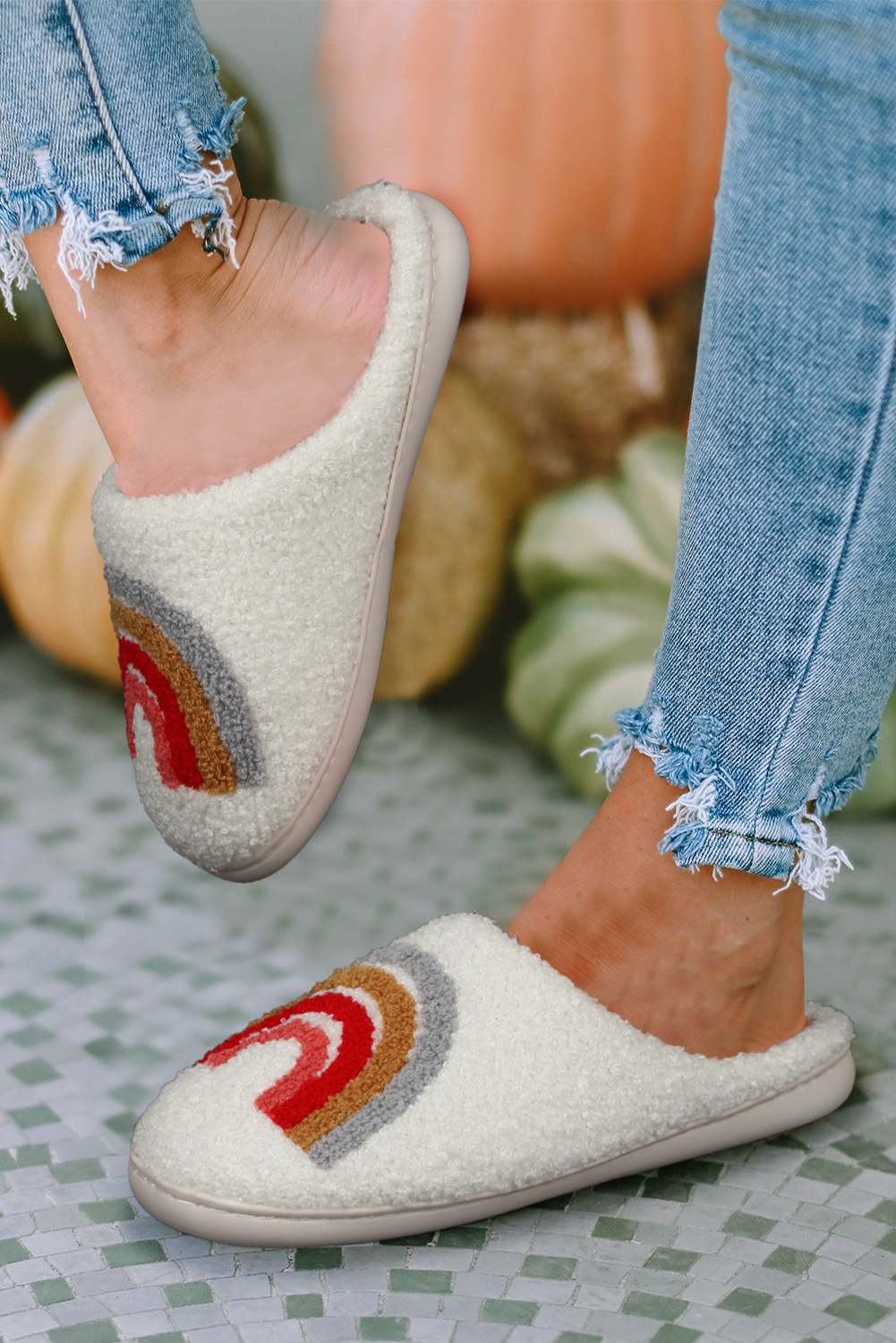 Bright White Rainbow Plush Winter Home Slippers - Image 4