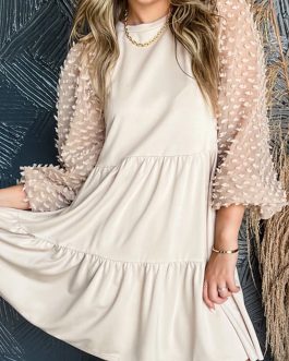 Beige Embellished Puff Sleeve Tiered A-line Dress