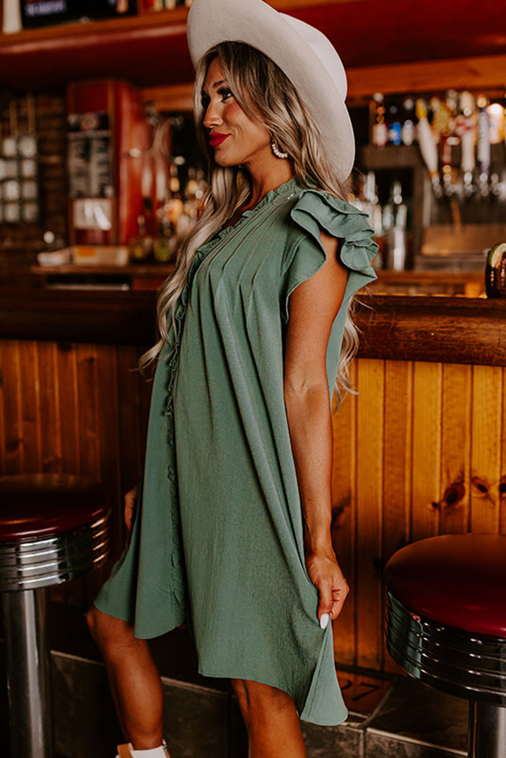 Mist Green Ruffle Sleeve V Neck Frilled Shift Dress - Image 3