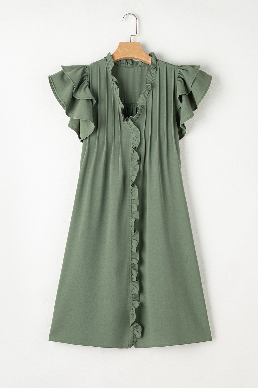 Mist Green Ruffle Sleeve V Neck Frilled Shift Dress - Image 8