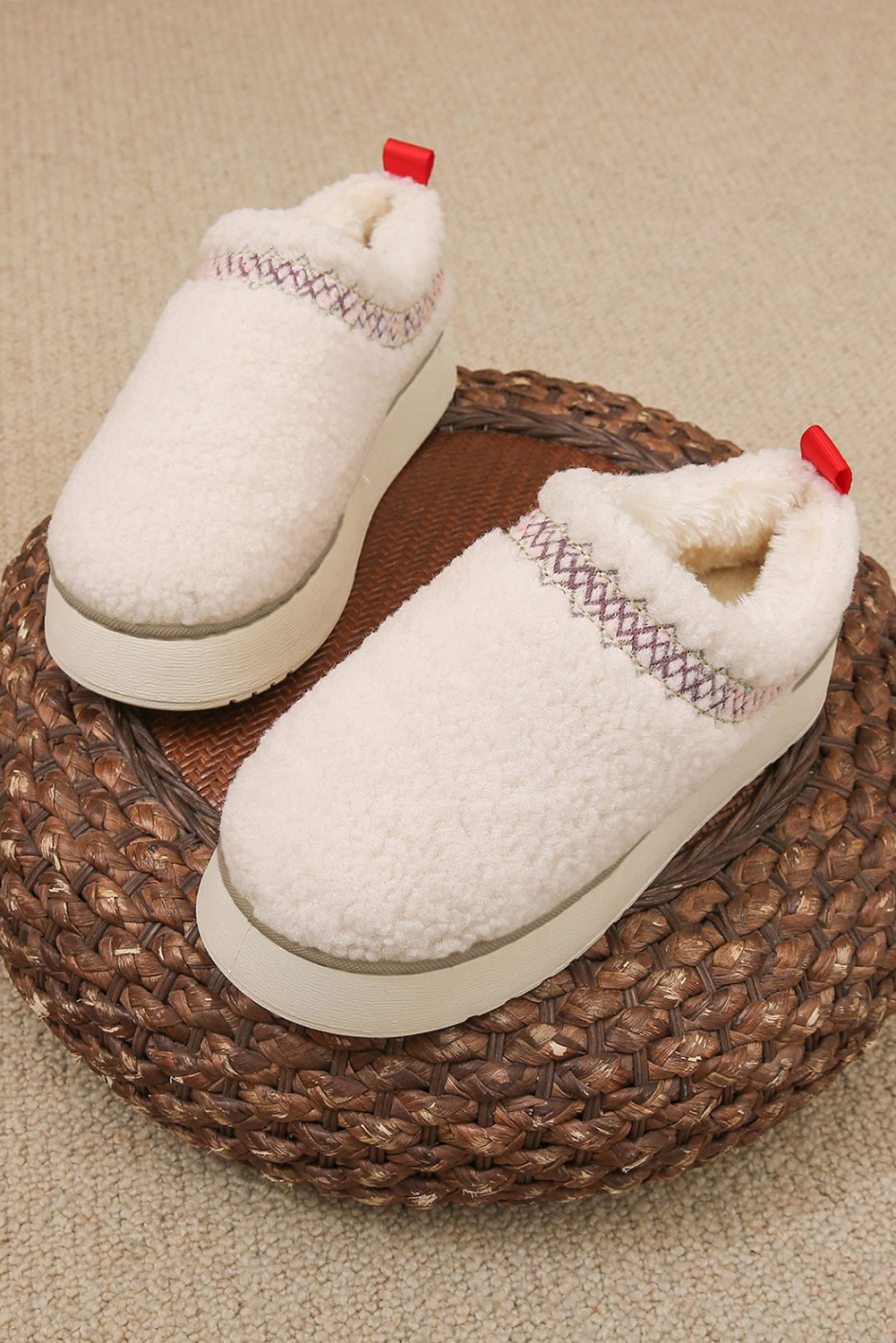 White Embroidered Sherpa Plush Thick Sole Winter Slippers - Image 4