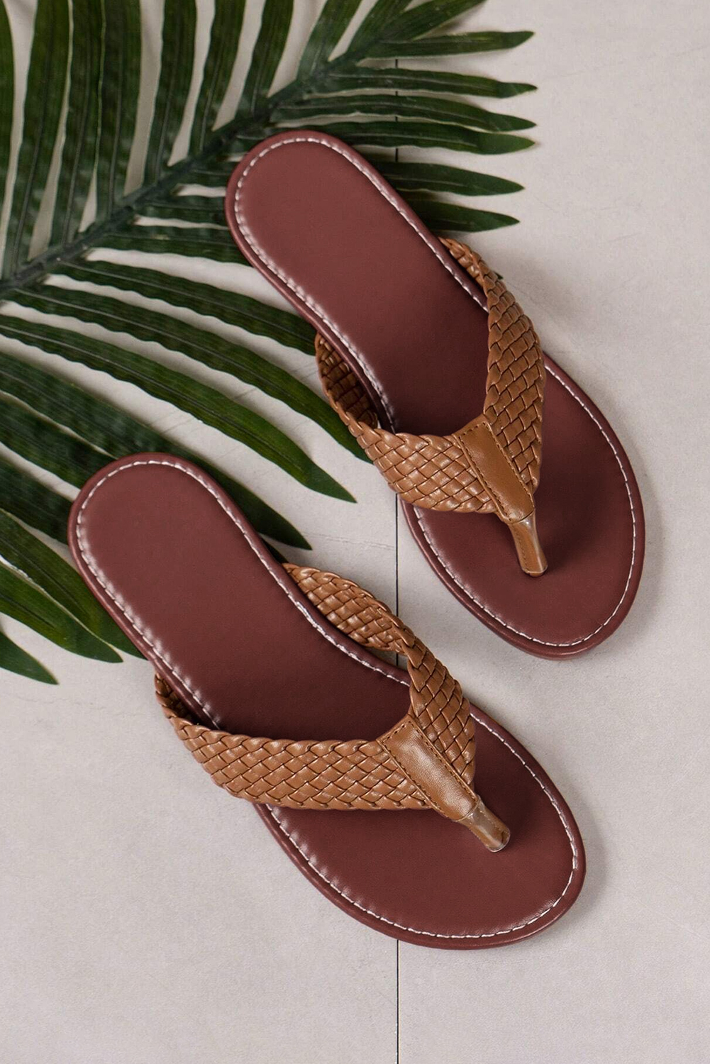 Chestnut Braided Strap PU Leather Flip Flop - Image 4