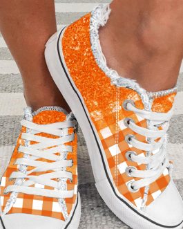 Orange Checkered Flat Canvas Shoes