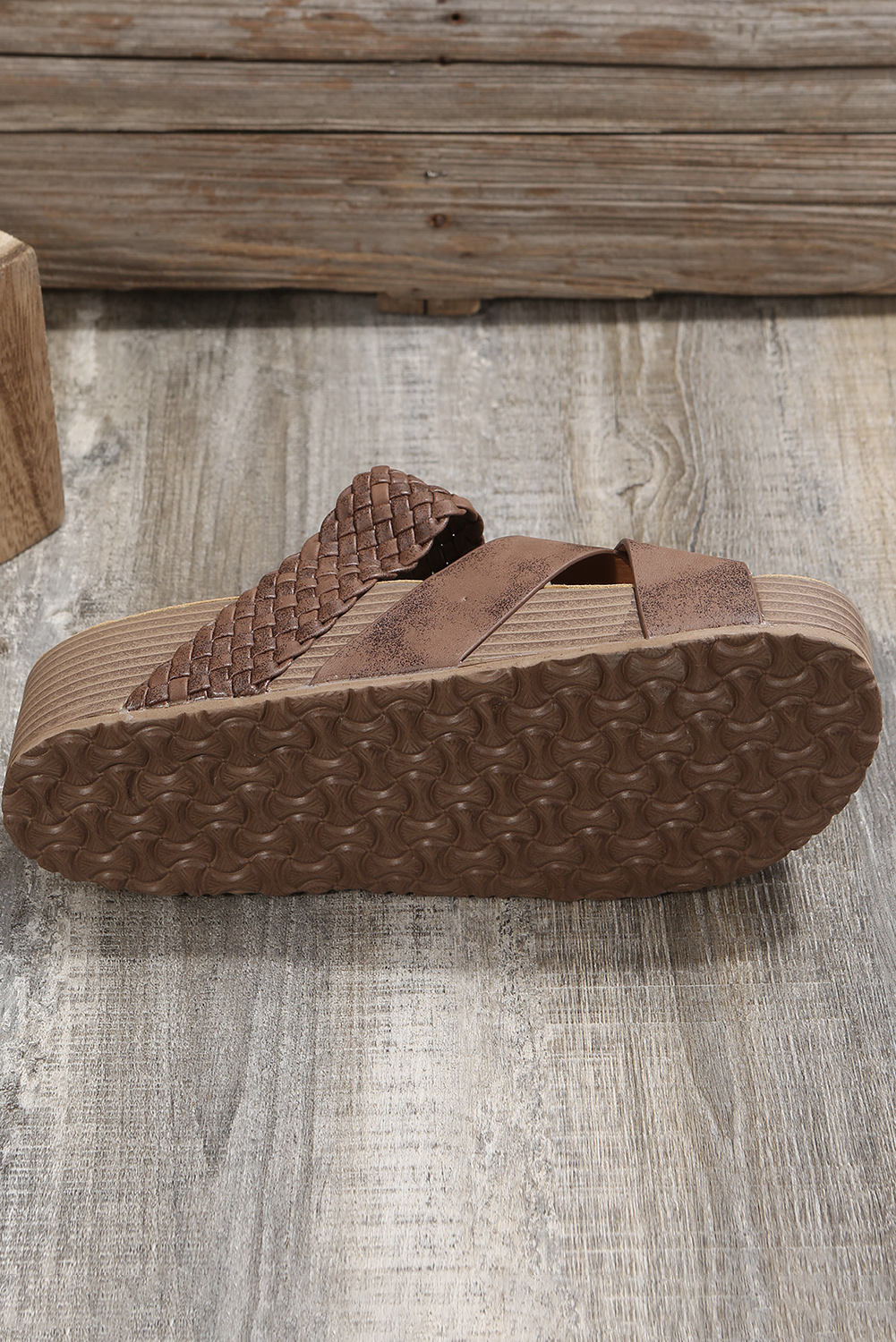 Brown Braided Detail Criss Cross Platform Slippers - Image 8
