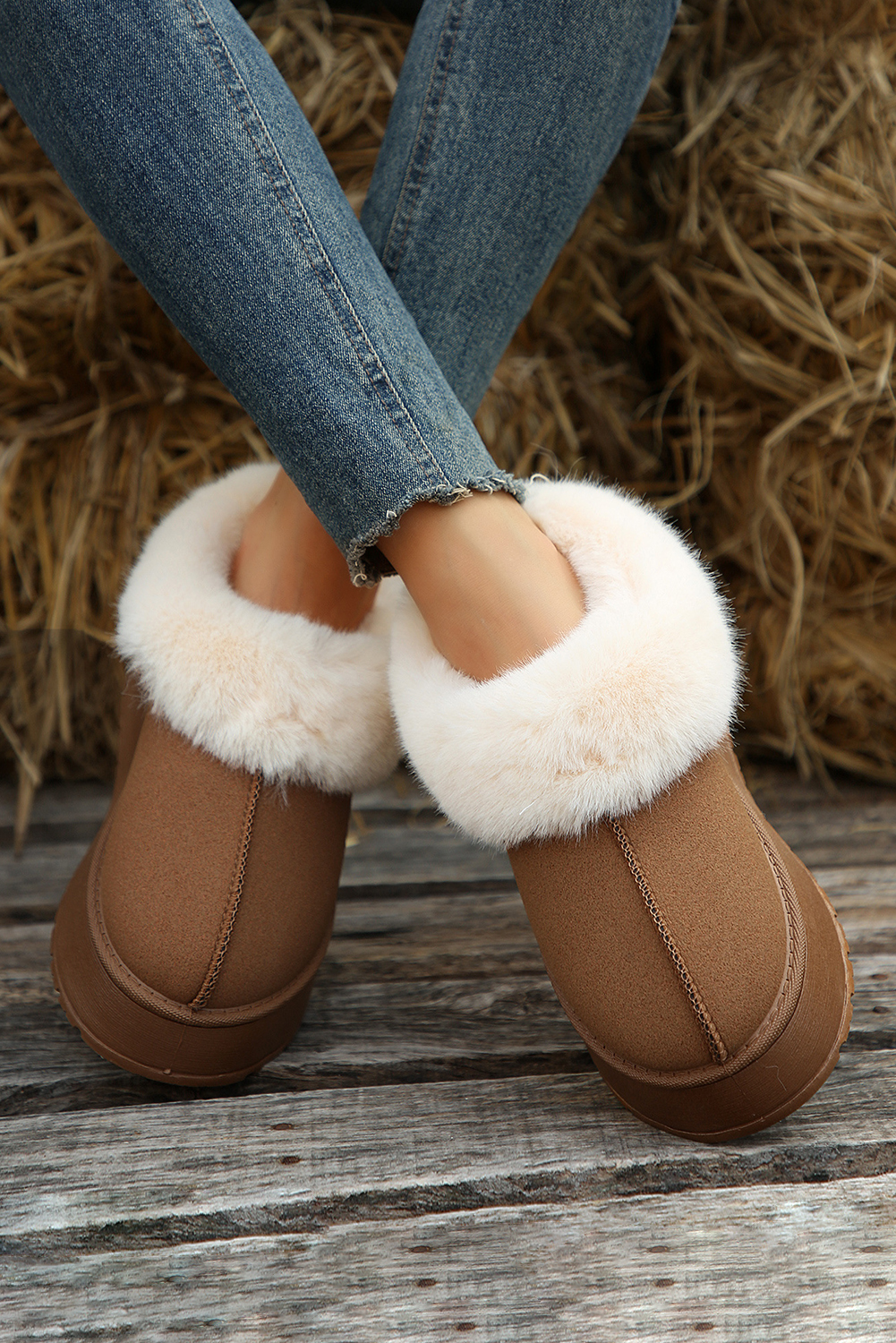 Chestnut Plush Suede Trim Thick Sole Flat Snow Boots - Image 3