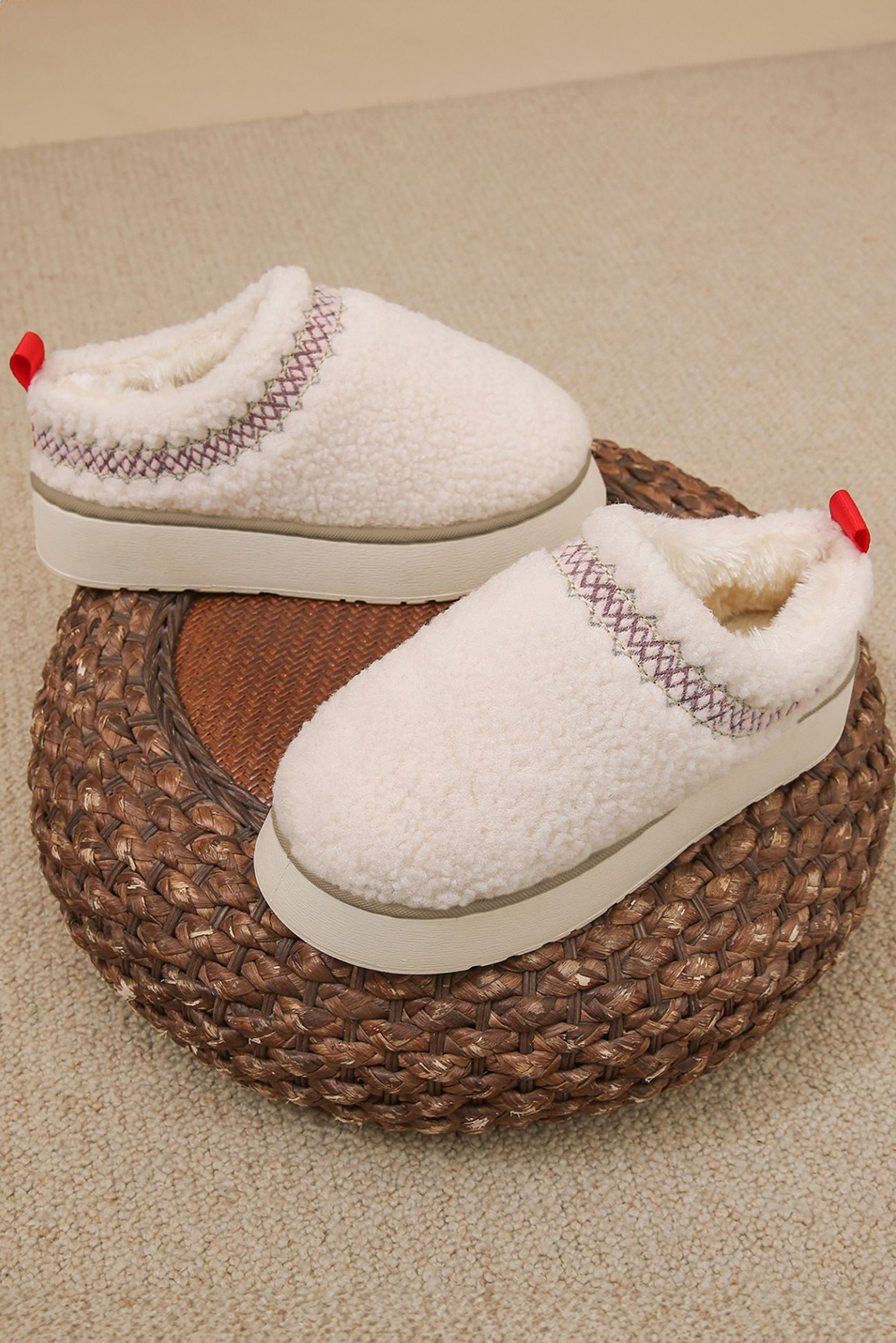 White Embroidered Sherpa Plush Thick Sole Winter Slippers - Image 5