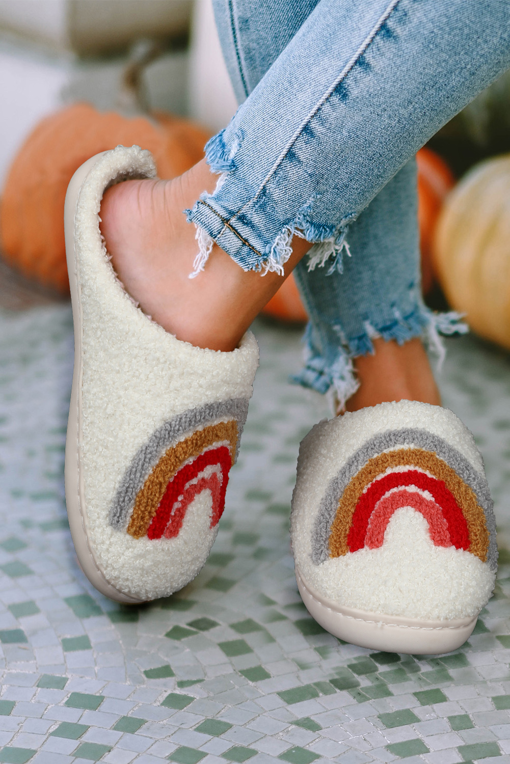 Bright White Rainbow Plush Winter Home Slippers - Image 2