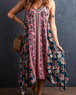 Pink Bohemian Floral Patchwork Print Long Sundress