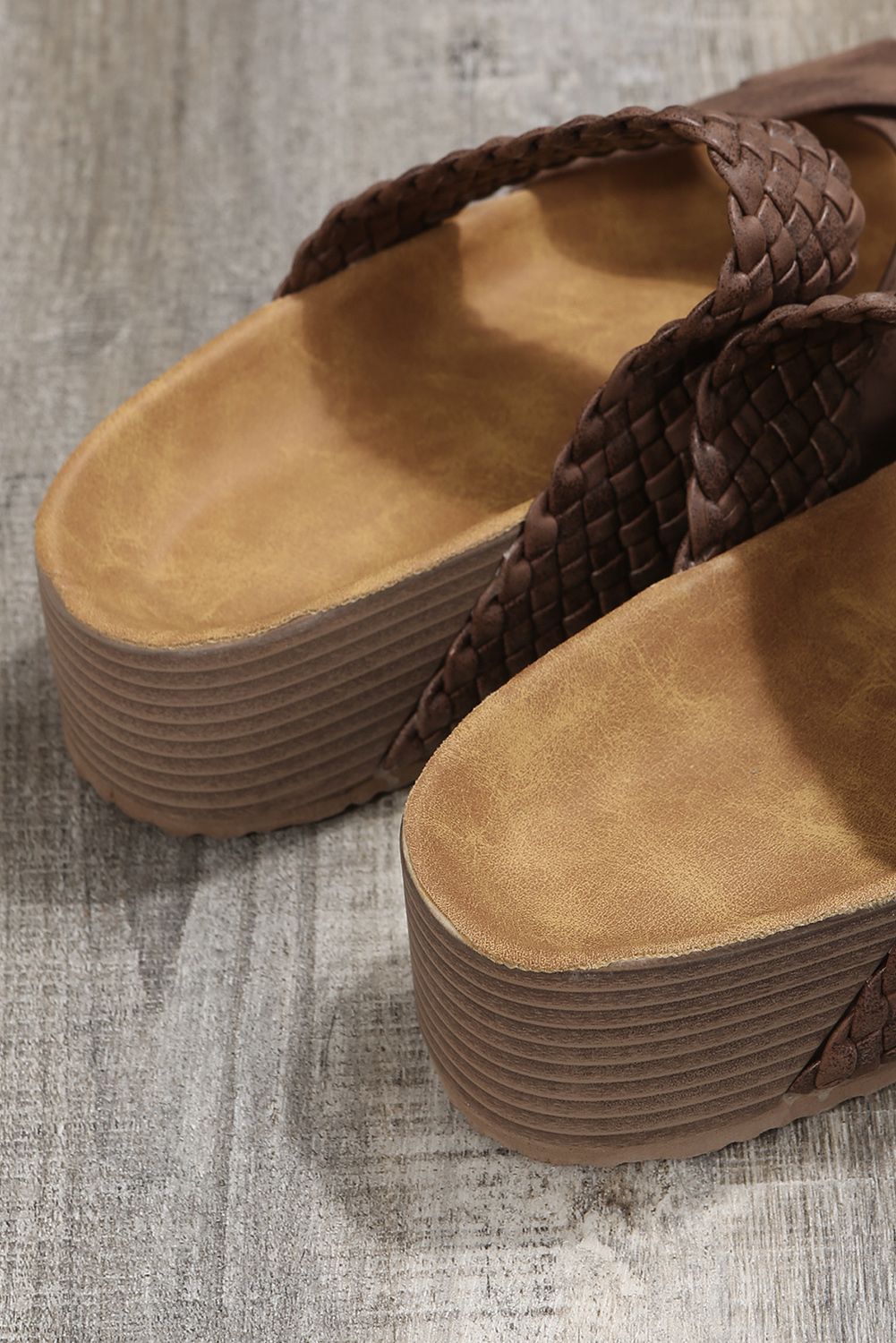 Brown Braided Detail Criss Cross Platform Slippers - Image 7