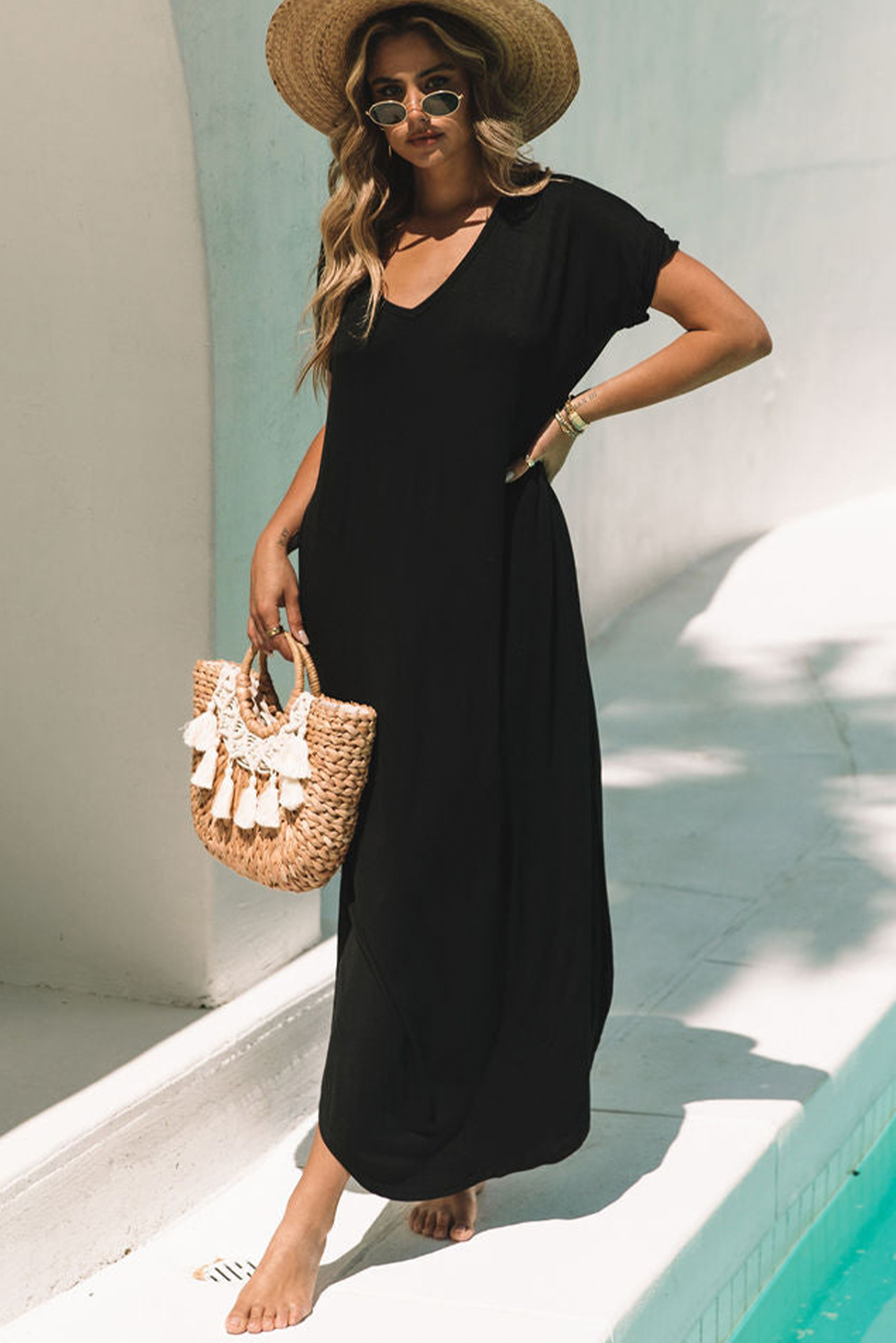 Black V Neck Hidden Pocket Splits Maxi T-shirt Dress - Image 6