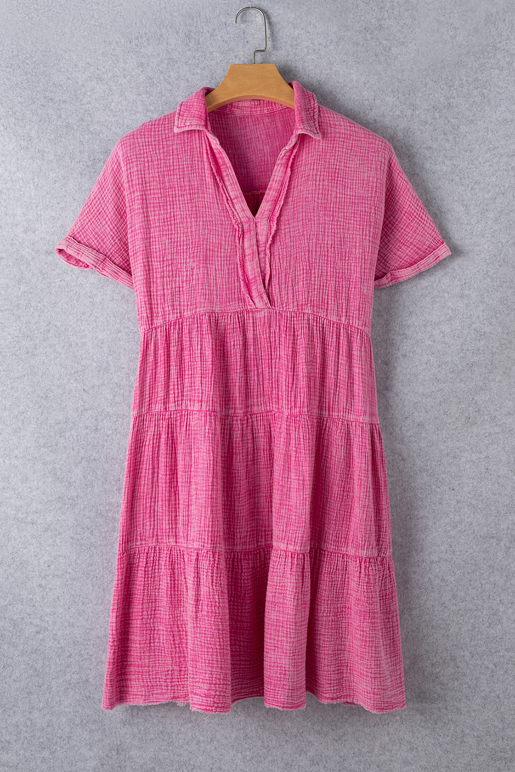 Strawberry Pink Mineral Wash Crinkle Split Neck Raw Hem Tiered Dress - Image 6