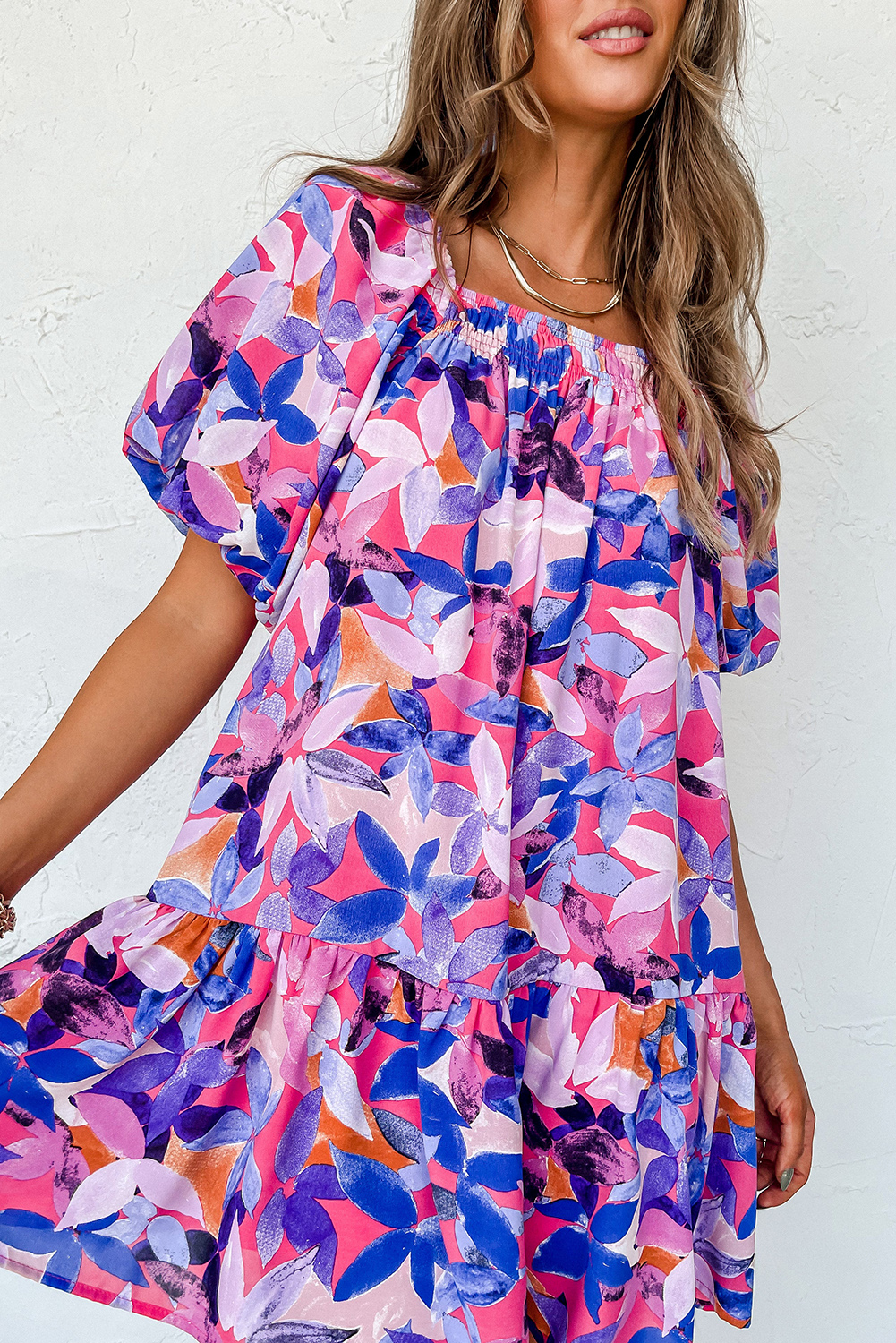 Purple Flower Print Short Puff Sleeve Ruffled Dress - Image 3