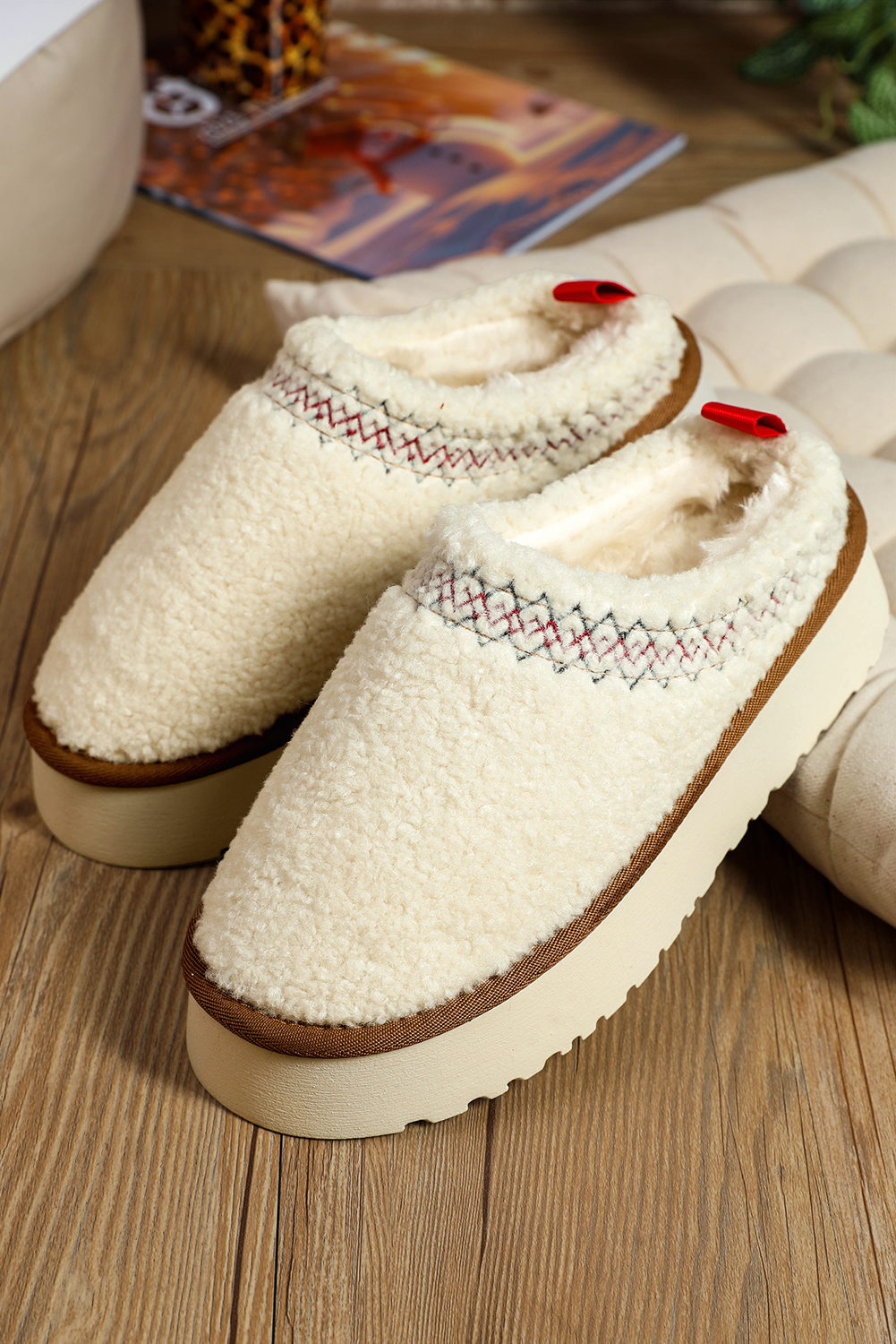 White Embroidered Sherpa Plush Thick Sole Winter Slippers - Image 7