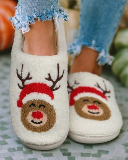 White Christmas Deer Home Indoor Plush Slippers