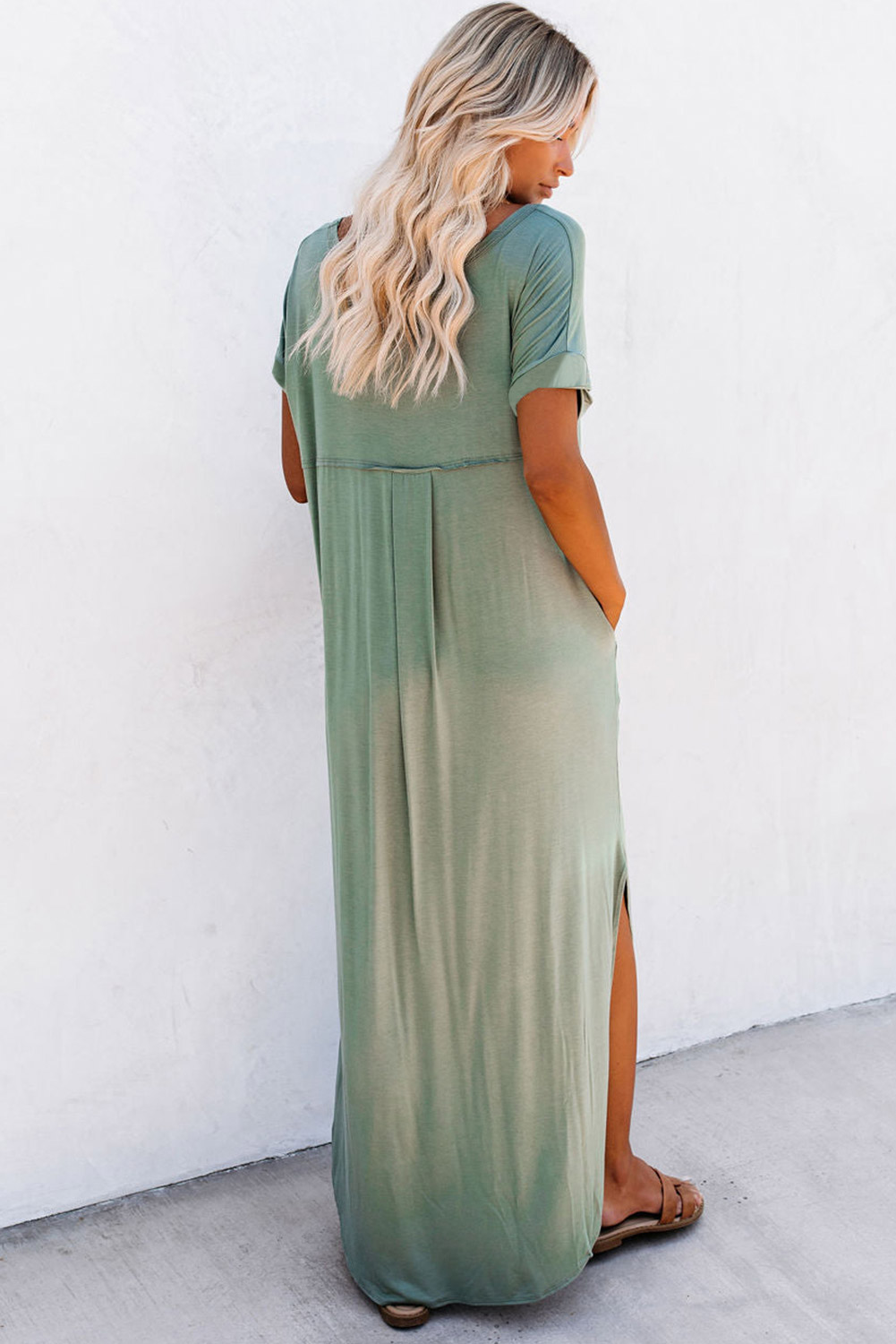 Grass Green V Neck Hidden Pocket Splits Maxi T-shirt Dress - Image 2