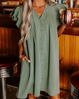 Mist Green Ruffle Sleeve V Neck Frilled Shift Dress