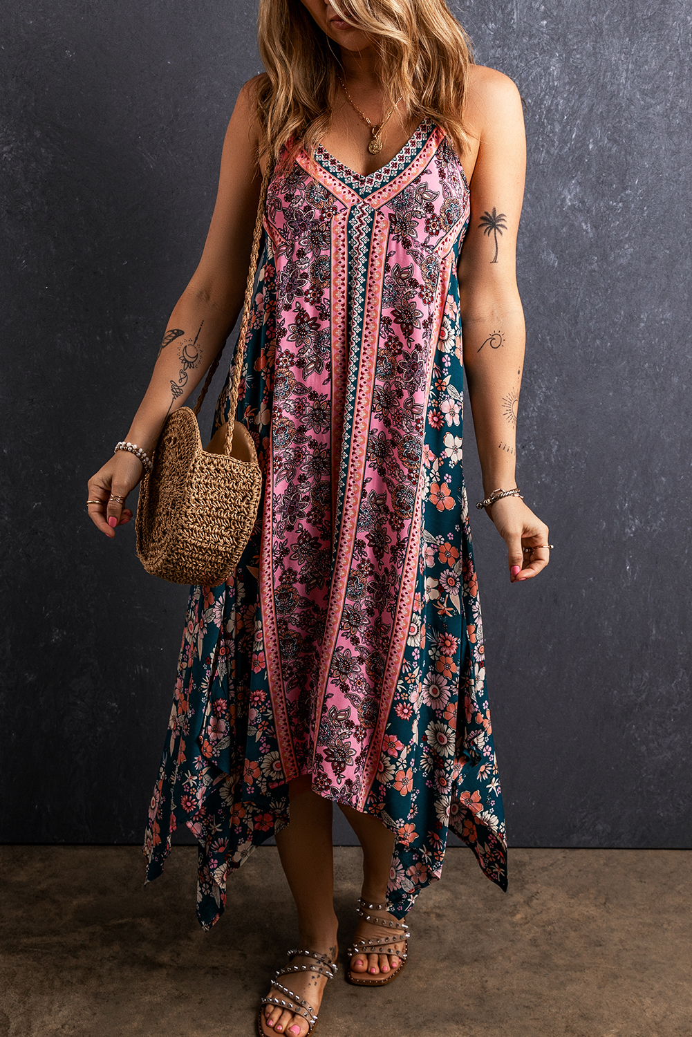 Pink Bohemian Floral Patchwork Print Long Sundress - Image 3